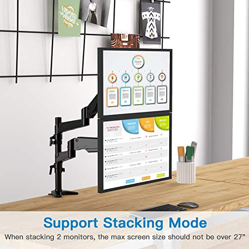 Dual Monitor Mount Stand - Gas Spring Arm Height Adjustable Monitor Desk Mount VESA Bracket for Two 17 to 32 Inch Flat / Curved LCD Computer Screens with C Clamp, Grommet Base