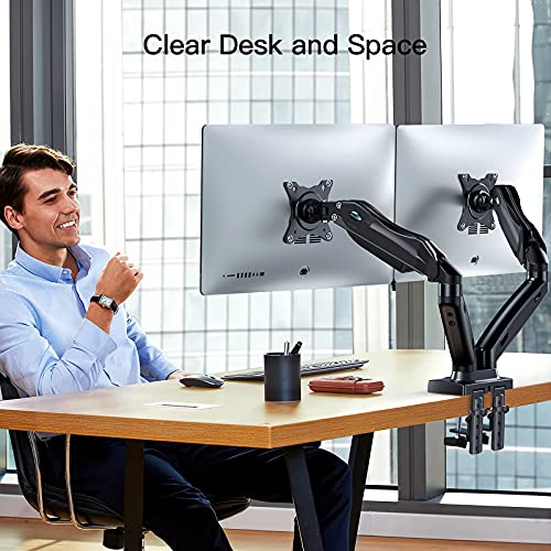 Dual Monitor Stand, Adjustable Spring Monitor Desk Mount Swivel Vesa Bracket with C Clamp/Grommet Mounting Base for 17 to 27 Inch Computer Screens, Each Arm Holds 4.4 to 14.3lbs，HNDS6