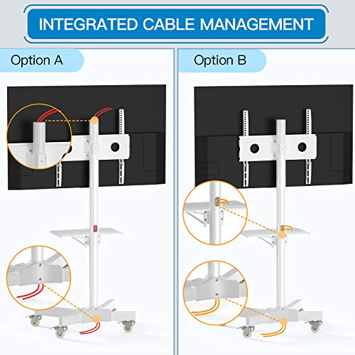 Mobile TV Cart with Wheels for 23 to 55 inch LCD LED 4K Flat Curved Screen TVs, Height Adjustable Shelf Trolley Floor Stand Holds up to 55lbs, Monitor Holder Tray Max VESA 400x400mm PSTVMC04W White