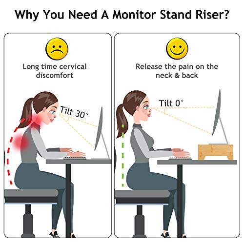 2 Tiers Bamboo Monitor Stand with Smartphone Holder & Pen Notches for Home Office Computer, Laptop, TV, Tablet, Printer, Projector