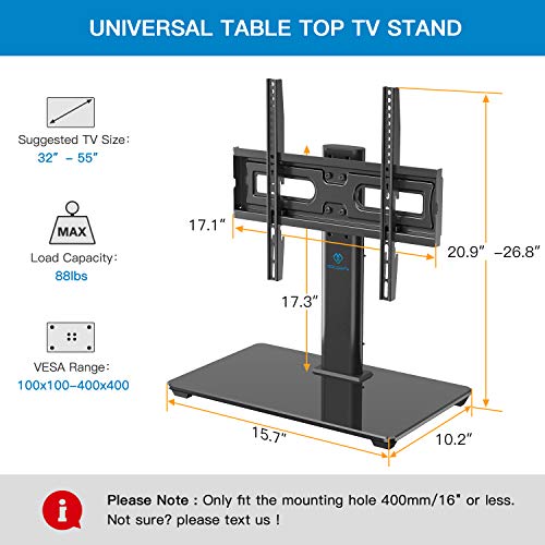 Universal TV Stand Table Top TV Base for 32 to 55 inch LCD LED OLED 4K Flat Screen TVs-Height Adjustable TV Mount Stand with Tempered Glass Base, VESA 400x400mm, Holds up to 88lbs,PSTVS15