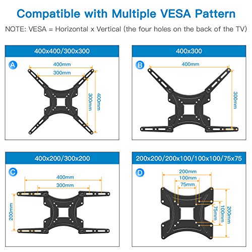 Full Motion TV Wall Mount Bracket Articulating Arms Swivels Tilts Extension Rotation for Most 13-55 Inch LED LCD Flat Curved Screen TVs, Max VESA 400x400mm up to 66lbs