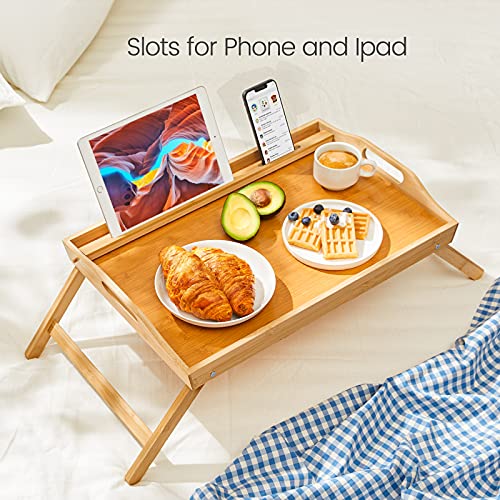 Bamboo Bed Tray Table, Large Breakfast Tray - 21.7x14 Inch with Folding Legs, Multipurpose Serving Tray Use As Portable Laptop Tray, Snack Tray, Platter Tray for Working, Eating, Reading