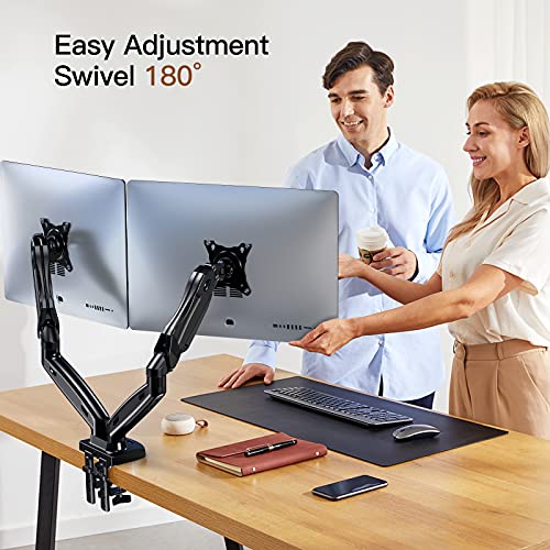 Dual Monitor Stand, Adjustable Spring Monitor Desk Mount Swivel Vesa Bracket with C Clamp/Grommet Mounting Base for 17 to 27 Inch Computer Screens, Each Arm Holds 4.4 to 14.3lbs，HNDS6