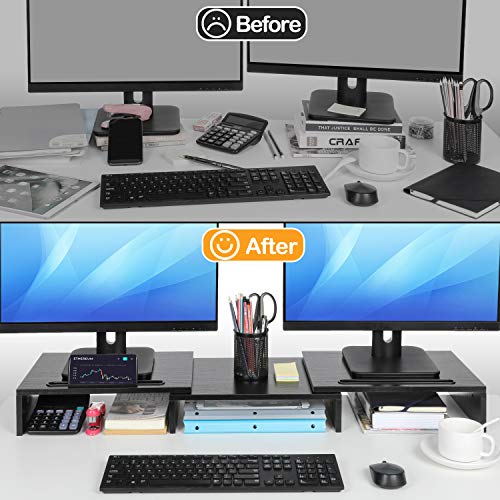 Dual Monitor Stand -Adjustable Length and Angle Dual Monitor Riser, Computer Monitor Stand w/2 Slot, Desktop Organizer, Monitor Stand Riser for PC, Computer, Laptop (Black)