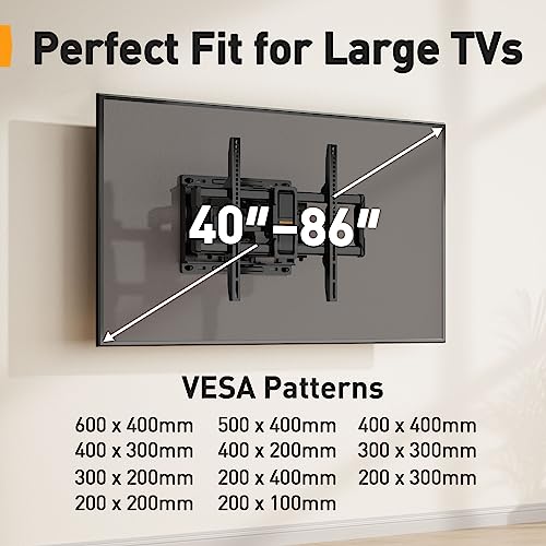 UL-Listed Full Motion TV Wall Mount for 40–86 Inch Flat Curved TVs up to 132 lbs, 12″/16″ Wood Studs, TV Mount Bracket with Tool-Free Tilt, Swivel, Extension, Max VESA 600 x 400mm, PGLF15