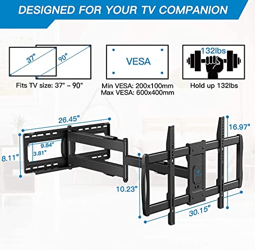 Long Arm Full Motion TV Wall Mount for 37-90 inch Flat Screen or Curved TVs with 42.5 inch Articulating Extension Arm, TV Bracket Swivel and Tilt, Max VESA 600x400mm, up to 132lbs PSXLF01