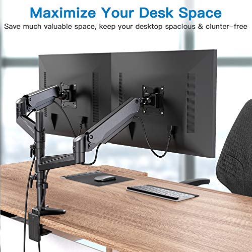 Dual Monitor Mount Stand - Gas Spring Arm Height Adjustable Monitor Desk Mount VESA Bracket for Two 17 to 32 Inch Flat / Curved LCD Computer Screens with C Clamp, Grommet Base