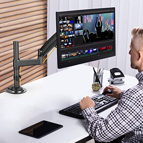 Single Monitor Mount Stand for 15-35'' Computer Screen- Gas Spring Height Adjustable Monitor Arm VESA Bracket Desk Mount with C Clamp Grommet Mounting Base, Hold 4.4 to 26.5 lbs