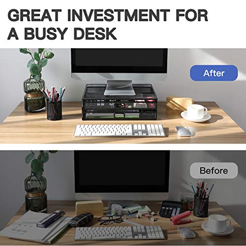 Monitor Stand, Monitor Stand with Drawer, Monitor Riser Mesh Metal, Desk Organizer, Monitor Stand with Storage, Desktop Computer Stand for PC, Laptop, Printer