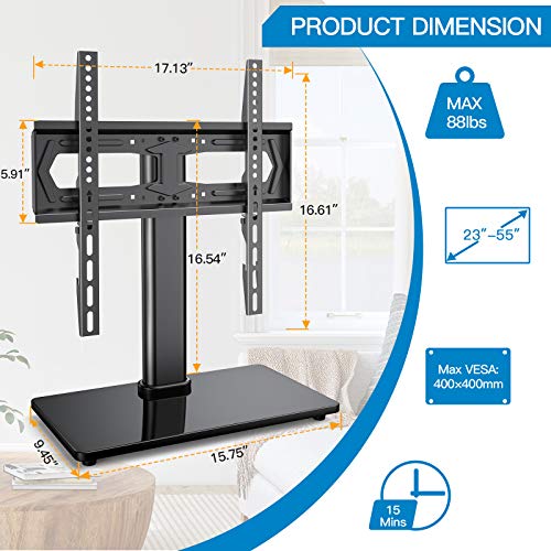 Universal TV Stand-Table Top TV Stand Fits 23-55 inch Flat Curved Screen LCD LED OLED 4K TV and Monitor-Heavy Duty TV Base Compatible with VESA 75x75mm-400x400mm, Holds up to 88lbs PSTVS20