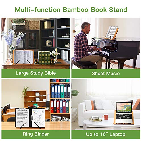 Bamboo Book Stand, Large Cookbook Holder Reading Book Holder with 5 Adjustable Height, Foldable Wooden Cooking Bookstand for Textbook, Receipe, Music Books, Tablet, Ipad(13.4