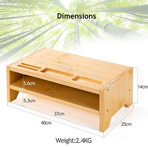 2 Tiers Bamboo Monitor Stand with Smartphone Holder & Pen Notches for Home Office Computer, Laptop, TV, Tablet, Printer, Projector