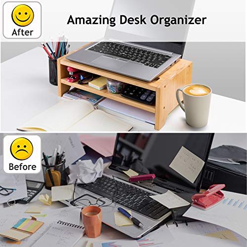 2 Tiers Bamboo Monitor Stand with Smartphone Holder & Pen Notches for Home Office Computer, Laptop, TV, Tablet, Printer, Projector