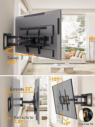 UL-Listed Full Motion TV Wall Mount for 42–90 Inch TVs up to 150 lbs, Pre-Assembled TV Mount with Tool-Free Tilt, Swivel, Extension, Max VESA 600 x 400mm, 12″/16″/18″/24″ Wood Studs, PGLF16