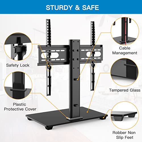 Universal TV Stand - Table Top TV Stand for 37-55 inch LCD LED TVs - Height Adjustable TV Base Stand with Tempered Glass Base & Wire Management, VESA 400x400mm