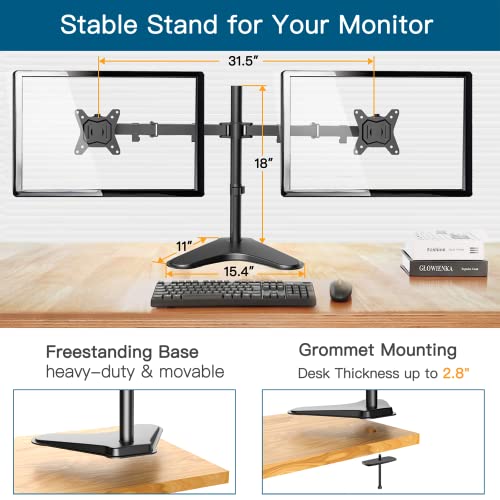 Dual Monitor Stand, Monitor Stands for 2 Monitors for 13 to 32 Inch, Heavy Duty Free Standing Desk Stand Fully Adjustable Arms Fits up to 17.6lbs per Arm with VESA 75x75mm,100x100mm