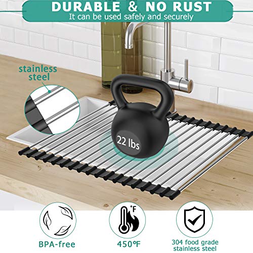 Roll Up Dish Drying Rack,  20.5"x 12" Over The Sink Roll-Up Dish Racks, Foldable Dish Drainer for Kitchen Sink Counter, Rolling Heat-Resistant & Anti-Slip Silicone Coated