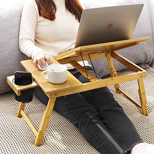 Lap Desk- Fits up to 15.6  Inch Laptop Desk, Foldable Bed Tray Breakfast Table with 5 Angles Tilting Top, Height Adjustable Laptop Stand with Storage Net