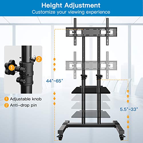 Mobile TV Stand on Wheels for 32-75 Inch Flat/Curved Panel Screens TVs - Height Adjustable Floor Trolley Stand Holds up to 99lbs - Tilt Rolling TV Cart with Shelf Max VESA 600x400mm