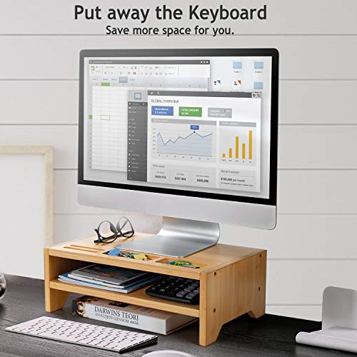 2 Tiers Bamboo Monitor Stand with Smartphone Holder & Pen Notches for Home Office Computer, Laptop, TV, Tablet, Printer, Projector