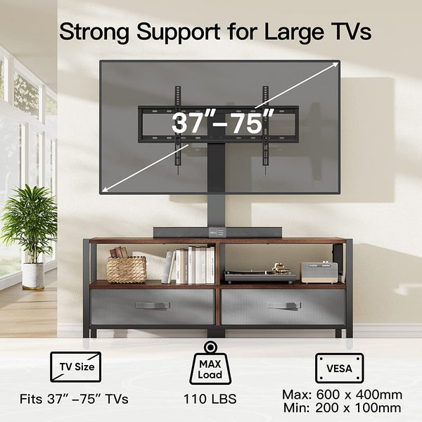 TV Stand with Mount for 37-75 inch TVs, Swivel Floor TV Stand with Storage & Power Outlet, Swivel TV Stand Mount for Living Room, Bedroom, Holds up to 110 lbs, Max VESA 600x400mm, PIRTS03WN