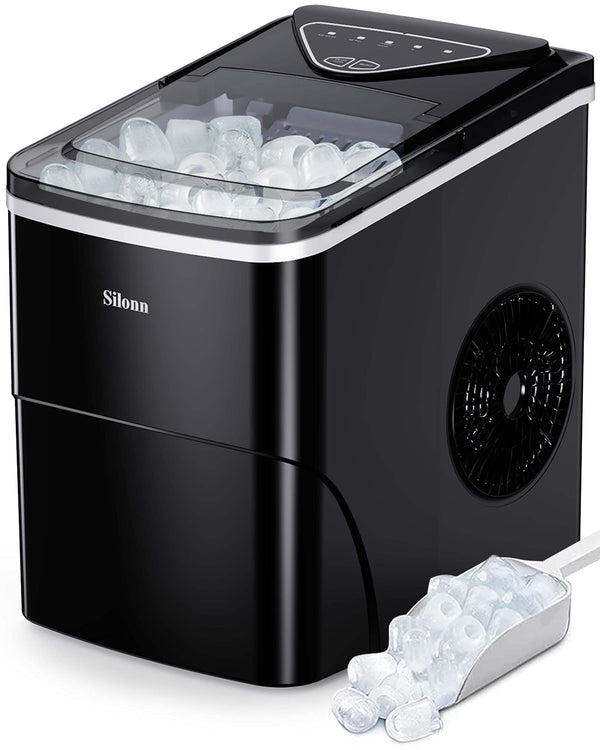 Ice Makers Countertop, 9 Cubes Ready in 6 Mins, 26lbs in 24Hrs, Self-Cleaning Ice Machine with Ice Scoop and Basket, 2 Sizes of Bullet Ice for Home Kitchen Office Bar Party Black