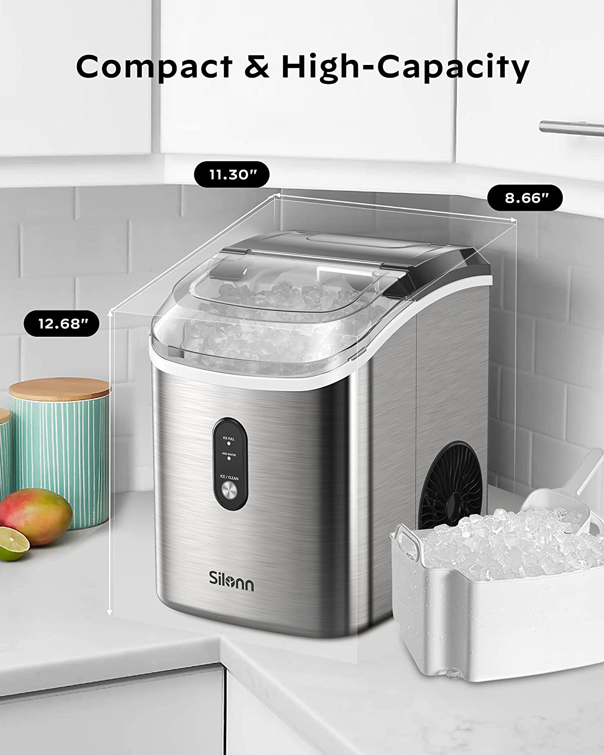 Nugget Ice Maker Countertop Pebble Ice Maker Machine with Self-Cleaning Function, 33lbs/24H, Ice Makers for Home/Kitchen/Office, Stainless Steel