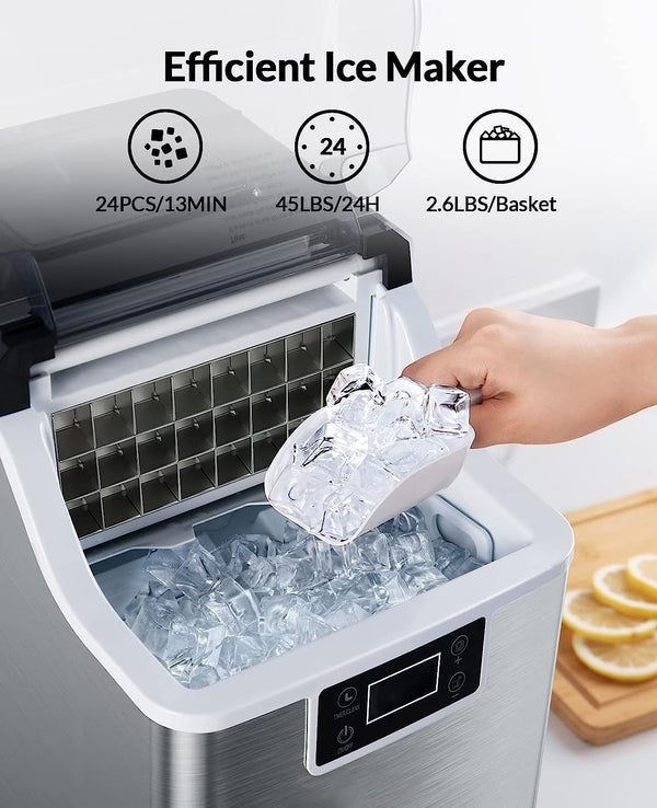 Silonn Countertop Ice Maker, 45lbs Per Day, 24Pcs Ice Cubes in 13 Min, 2 Ways to Add Water, Auto Self-Cleaning, Stainless Steel Ice Machine for Home Office Bar Party Stainless Steel Ice Makers