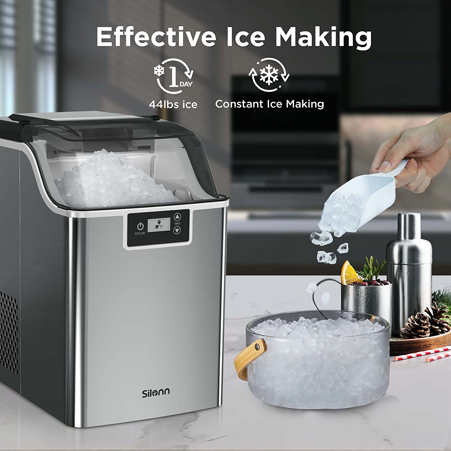 Countertop Nugget Ice Maker, Pebble Ice Maker Machine, 44lbs of Ice Per Day, Automatic Timer & Self-Cleaning, Pellet Ice Maker for Home Office Bar Party