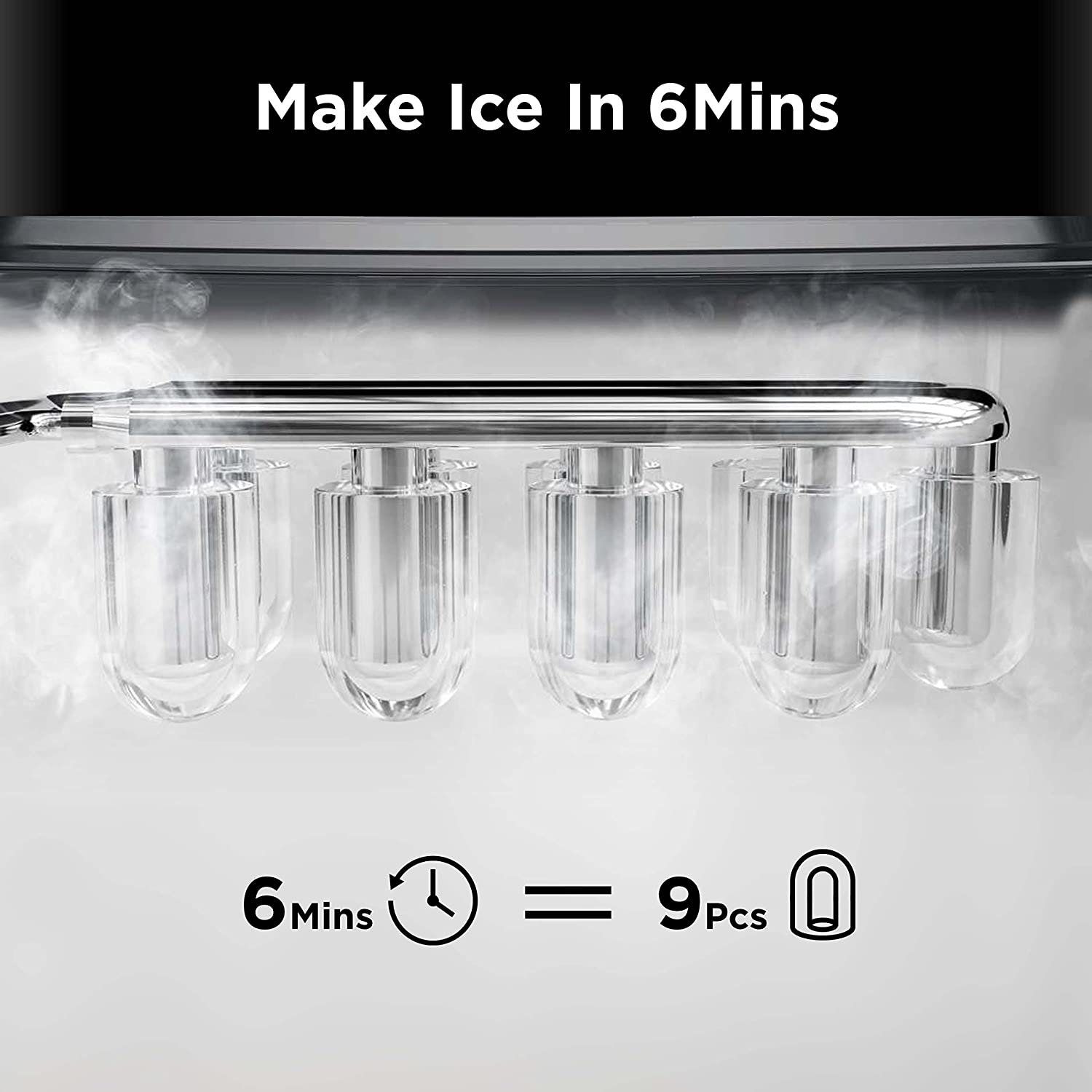 Ice Makers Countertop, 9 Cubes Ready in 6 Mins, 26lbs in 24Hrs, Self-Cleaning Ice Machine with Ice Scoop and Basket, 2 Sizes of Bullet Ice for Home Kitchen Office Bar Party Black