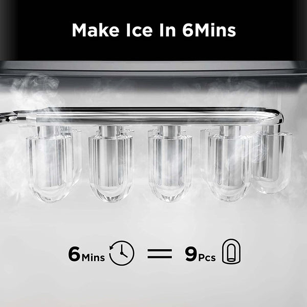 Ice Makers Countertop, 9 Cubes Ready in 6 Mins, 26lbs in 24Hrs, Self-Cleaning Ice Machine with Ice Scoop and Basket, 2 Sizes of Bullet Ice for Home Kitchen Office Bar Party Black