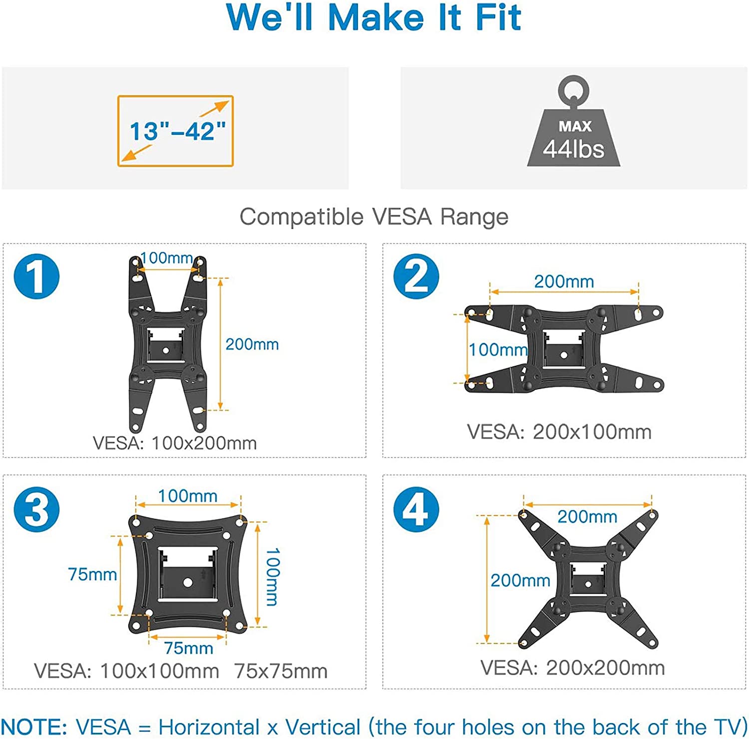 Full Motion TV Monitor Wall Mount Bracket Articulating Arms Swivels Tilts Extension Rotation for Most 13-42 Inch LED LCD Flat Curved Screen TVs & Monitors, Max VESA 200x200mm up to 44lbs