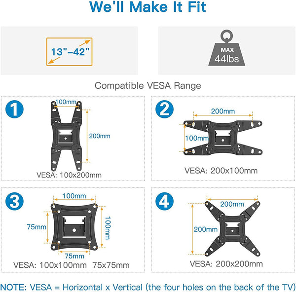 Full Motion TV Monitor Wall Mount Bracket Articulating Arms Swivels Tilts Extension Rotation for Most 13-42 Inch LED LCD Flat Curved Screen TVs & Monitors, Max VESA 200x200mm up to 44lbs