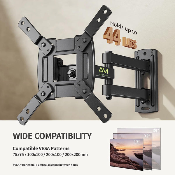 TV Wall Mount Bracket Full Motion for Most 13-39 inch TVs Monitors with 360° Rotation Articulating Swivel Extension Arms and Tilt, Hold TV up to 44lbs Max VESA 200x200mm