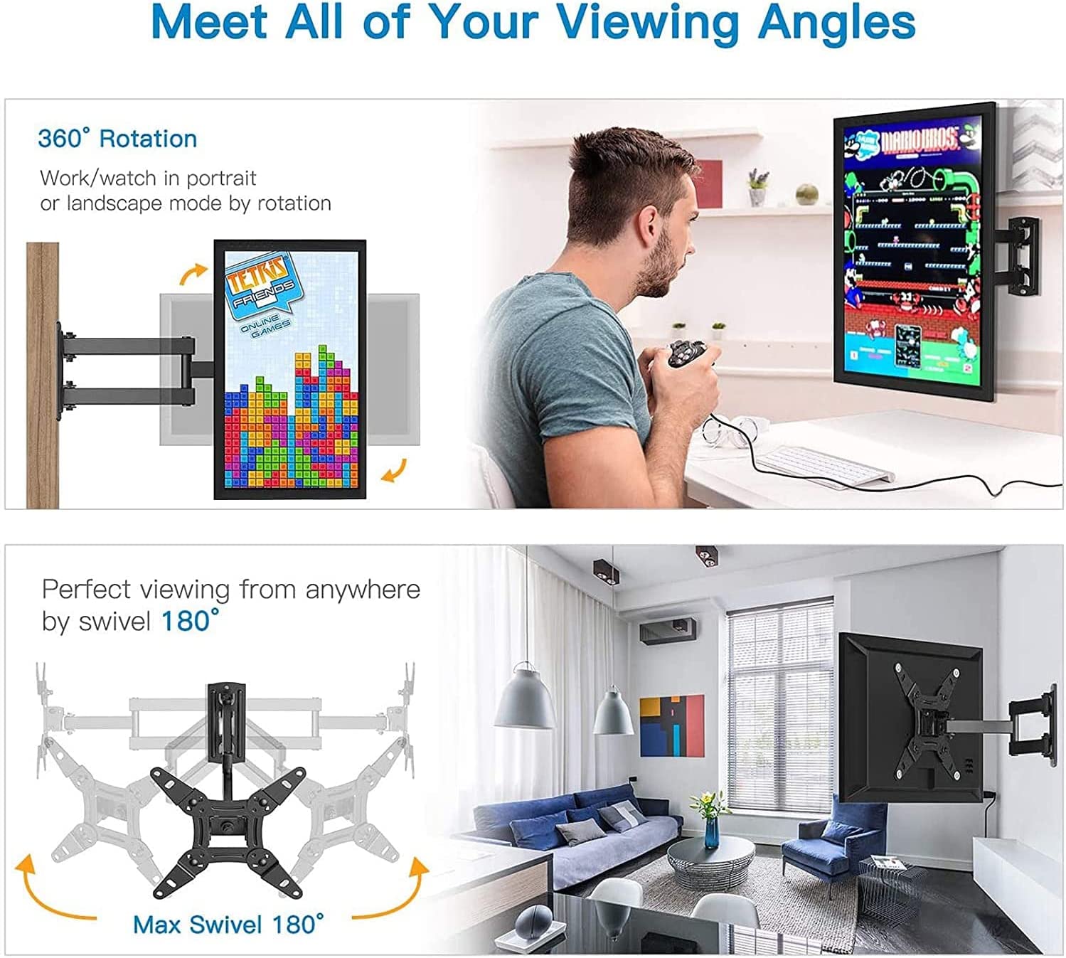 Full Motion TV Monitor Wall Mount Bracket Articulating Arms Swivels Tilts Extension Rotation for Most 13-42 Inch LED LCD Flat Curved Screen TVs & Monitors, Max VESA 200x200mm up to 44lbs