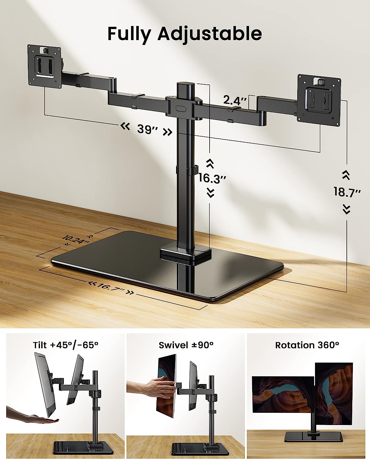 Freestanding Dual Monitor Stand, Monitor Mounts for 13 to 32 inches Computer Screens, Dual Monitor Arm with Tempered Glass Base for 2 Monitors, Vesa Mount Fits Up to 22 lbs per Arm